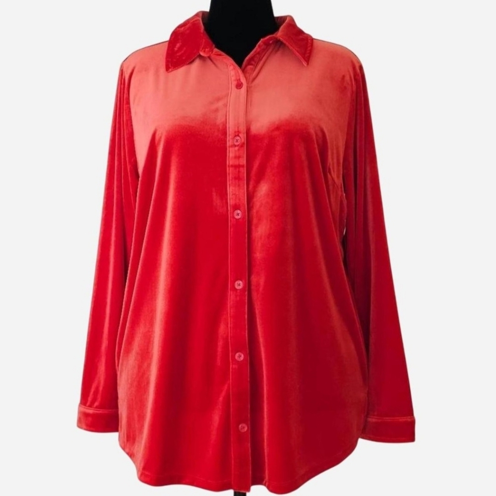 CHARTER‎ CLUB Women's Holiday Party Red Velour Shirt. Sz XXL